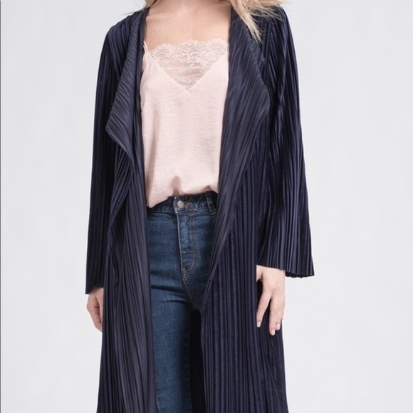JOA Velvet Duster Pleated XS Long Sleeve Draped Lapel Accordion Navy Blue Cardi - Picture 1 of 16